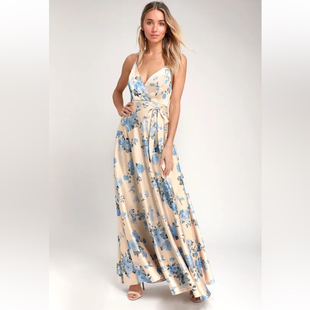 Overjoyed Champagne Satin Floral Print Maxi Dress from Lulus